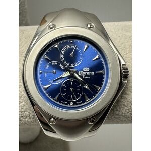 Corona Extra Mens Watch New Battery 39MM 8" Silver Tone Blue Dial R28